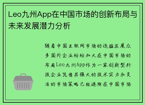 Leo九州App在中国市场的创新布局与未来发展潜力分析